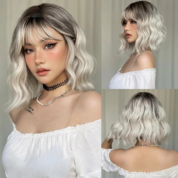 Ombre Blonde Wavy Wig with Bangs, featuring beautiful gradient color and soft waves for a stylish and fashionable look